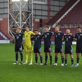 Scotland line up for Flower of Scotland during a UEFA Under-21 European Championship match between Scotland and Croatia at Tynecastle Park on November 12, 2020, in Edinburgh, Scotland. (Photo by Craig Foy / SNS Group)