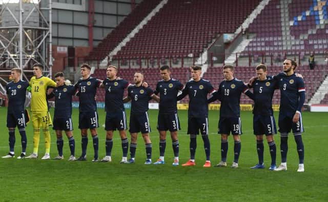 Scotland line up for Flower of Scotland during a UEFA Under-21 European Championship match between Scotland and Croatia at Tynecastle Park on November 12, 2020, in Edinburgh, Scotland. (Photo by Craig Foy / SNS Group)