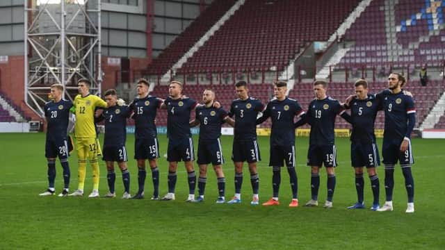 Scotland line up for Flower of Scotland during a UEFA Under-21 European Championship match between Scotland and Croatia at Tynecastle Park on November 12, 2020, in Edinburgh, Scotland. (Photo by Craig Foy / SNS Group)