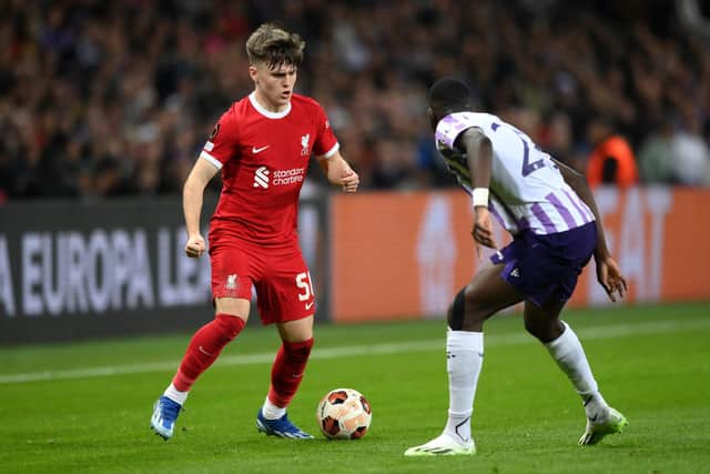 Ben Doak in action for Liverpool during a Europa League match against Toulouse in November. (Photo by Justin Setterfield/Getty Images)
