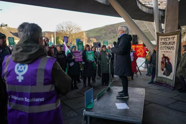 Former Scottish Labour leader Johann Lamont addresses protesters against the Gender Recognition Reform Bill outside the Scottish Parliament (Picture: Peter Summers/Getty Images)