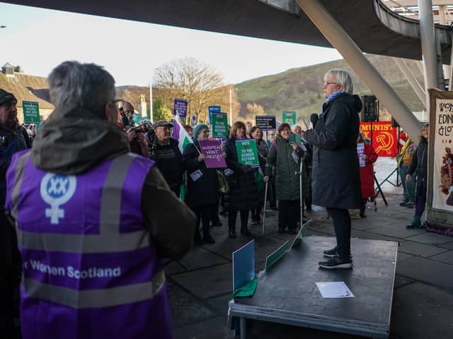 Former Scottish Labour leader Johann Lamont addresses protesters against the Gender Recognition Reform Bill outside the Scottish Parliament (Picture: Peter Summers/Getty Images)