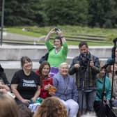 Irish comedy writer Graham Linehan performs outside the Scottish Parliament after Leith Arches cancelled a Comedy Unleashed event. Picture: Katielee Arrowsmith/SWNS