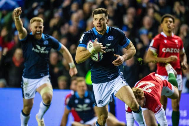 Scotland's Blair Kinghorn goes through to score a second half try during the Six Nations win over Wales at Murrayfield. (Photo by Ross Parker / SNS Group)