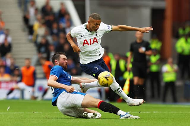 John Souttar has started both rangers friendlies and was booked for this challenge on Spurs' Richarlison. (Photo by Ian MacNicol/Getty Images)