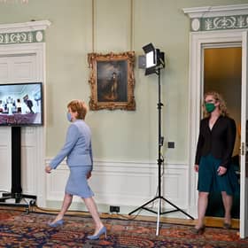 First Minister Nicola Sturgeon (centre) and Scottish Green Party co-leaders Patrick Harvie (left) and Lorna Slater (right) at Bute House, Edinburgh, after the finalisation of an agreement between the SNP and the Scottish Greens to share power in Scotland. Picture: PA