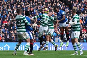 Alfredo Morelos heads at goal during the Cinch Scottish Premiership match between Rangers FC and Celtic FC at  on January 02, 2023 in Glasgow, Scotland. (Photo by Ian MacNicol/Getty Images)