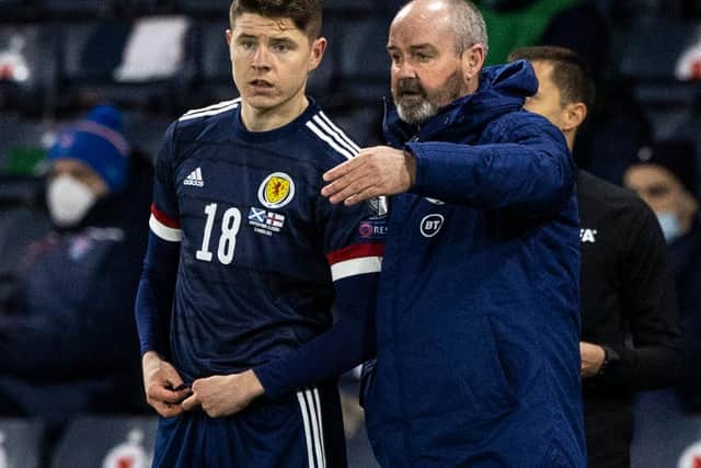 Scotland manager Steve Clarke with Kevin Nisbet during the World Cup qualifier against Faroe Islands at Hampden in March. Photo by Craig Williamson / SNS Group