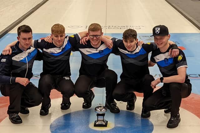 James Craik (far left) and his team with the World Junior Curling Championship trophy.