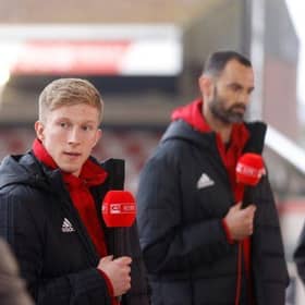 Aberdeen players Ross McCrorie and Joe Lewis on RedTV duty. Pic: Newsline Media.