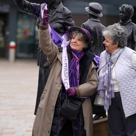 Campaigners for Women Against State Pension Inequality Campaign (Waspis) gather at the statue of political activist Mary Barbour, the woman who led rent strikes during the First World War, in Govan, Glasgow.