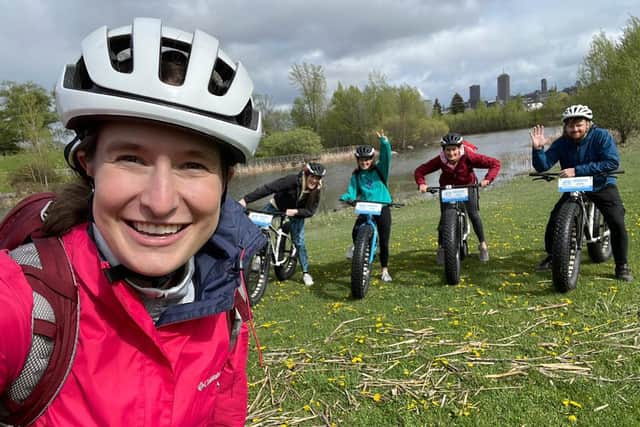 A fat bike group tour led by guide, Emilie. Pic: PA Photo/Sean Coyte.