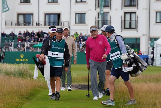 Paul Broadhurst uses a walking stick as he starts out in the first round of the Senior Open presented by Rolex at Carnoustie Golf Links. Picture: Phil Inglis/Getty Images.