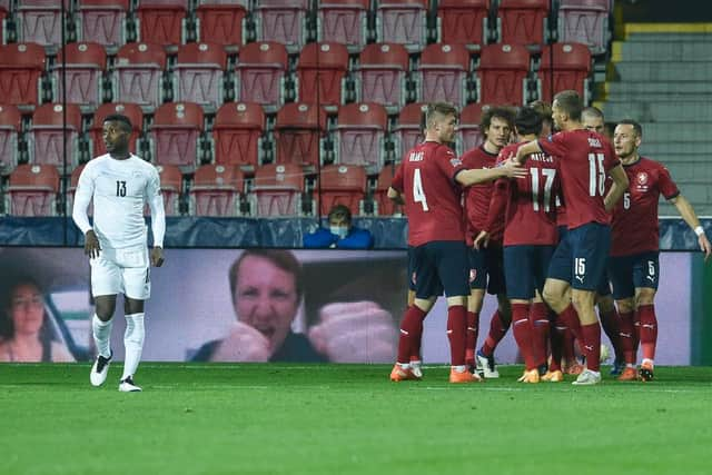 The Czech players celebrate scoring the only goal in their win over Israel. Picture: Getty