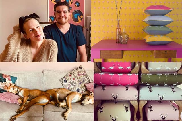 Belle and Darren top left and their two podencos Wall-E and Eva. The other pictures show some examples of the couple's handmade homeware pictures: supplied