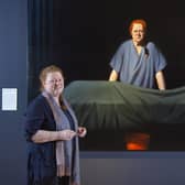 Professor Dame Sue Black and artist Ken Currie in front of Currie's new portrait, Unknown Man (2019), of which Professor Black is the subject.