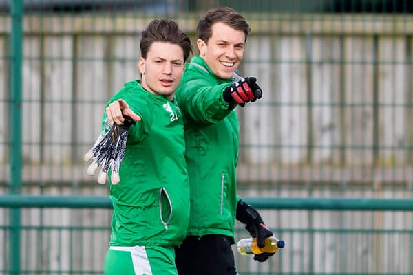 Hibs' Kevin Dabrowski (left) and Matt Macey during a training session. Both goalkeepers have been offered new deals and could have a huge part to play next season. Photo by Mark Scates / SNS Group