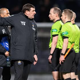 Kilmarnock manager Tommy Wright confronts referee Willie Collum over the penalty decision in the 1-0 defeat to Raith. (Photo by Mark Scates / SNS Group)