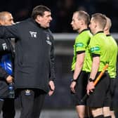 Kilmarnock manager Tommy Wright confronts referee Willie Collum over the penalty decision in the 1-0 defeat to Raith. (Photo by Mark Scates / SNS Group)