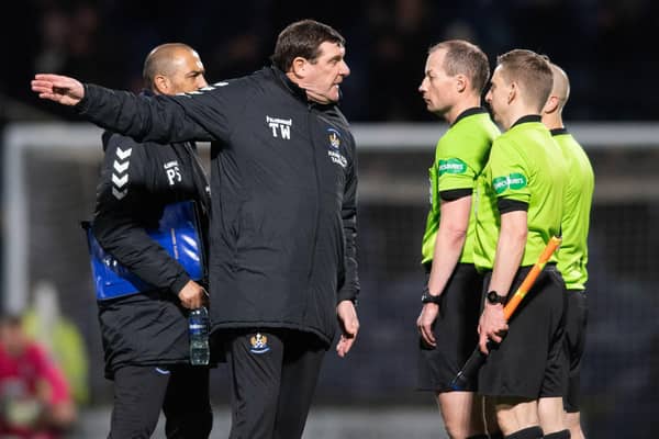 Kilmarnock manager Tommy Wright confronts referee Willie Collum over the penalty decision in the 1-0 defeat to Raith. (Photo by Mark Scates / SNS Group)