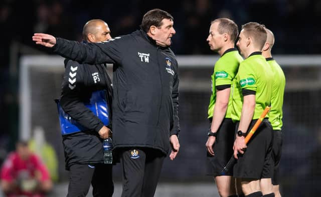 Kilmarnock manager Tommy Wright confronts referee Willie Collum over the penalty decision in the 1-0 defeat to Raith. (Photo by Mark Scates / SNS Group)