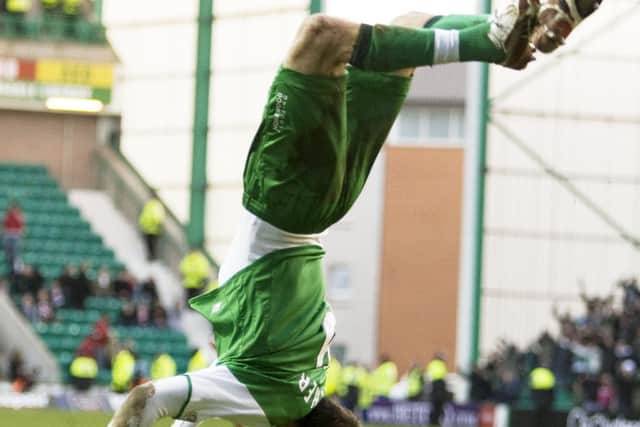 A somersault celebration after netting for Hibs against Aberdeen in 2008.
