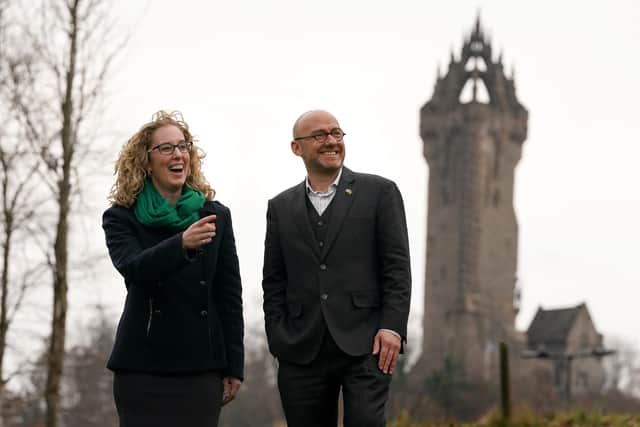Party leaders Patrick Harvie and Lorna Slater during a photocall beside the Wallace Monument at the Stirling Court Hotel ahead of the Scottish Green Party conference.