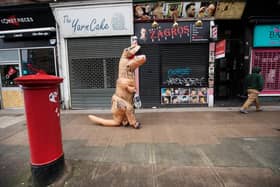 Pamela Livingtone goes out for a walk in her T-Rex costume.