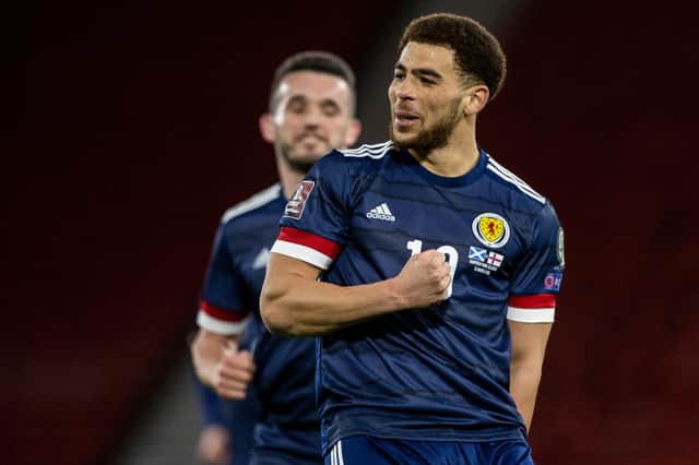 Scotland striker Che Adams celebrates his goal against the Faroe Islands. Injury permitting, he looks to have secured his Euro 2020 starting place  (Photo by Craig Williamson / SNS Group)