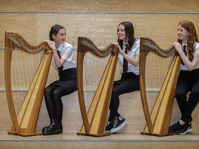 Pilgrims Harp Trophy for open mixed abilities. From left Freya Comiskey, Imogen French & Anna Dodds