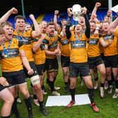 Currie celebrate winning the Premiership title after the victory over Hawick at Mansfield Park. (Photo by Simon Wootton / SNS Group)