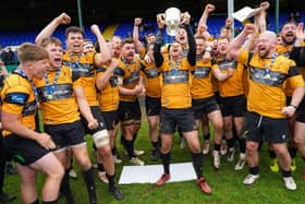 Currie celebrate winning the Premiership title after the victory over Hawick at Mansfield Park. (Photo by Simon Wootton / SNS Group)