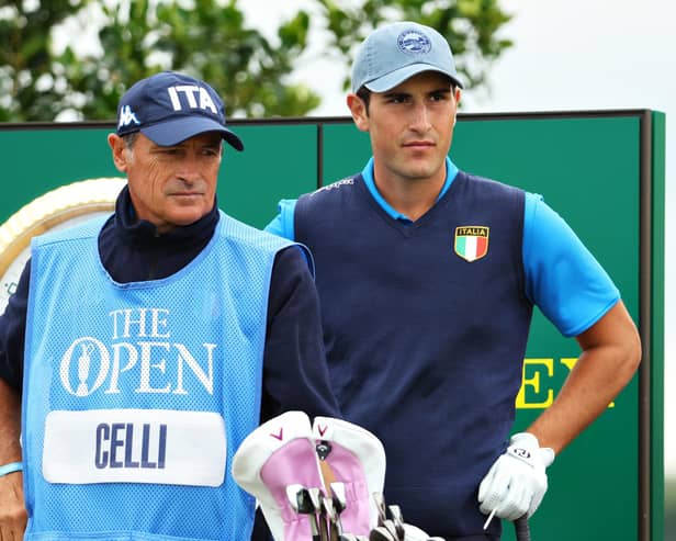Silver Medal winner Filippo Celli (right) with his caddie, Alberto Binaghi, during the 150th Open at St Andrews Old Course. (Photo by Andrew Redington/Getty Images)