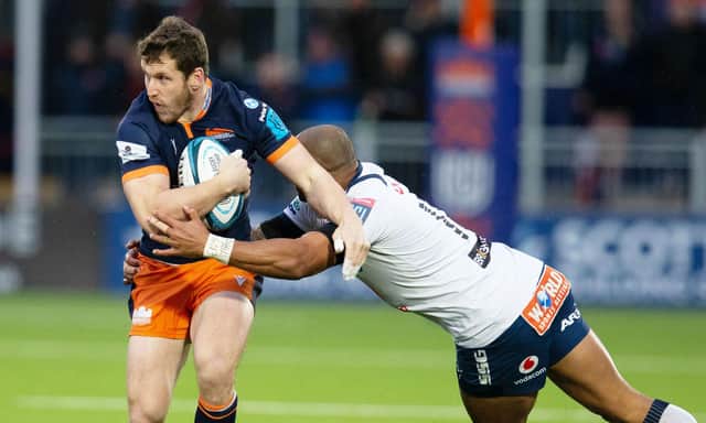 The on-form Mark Bennett makes a break during Edinburgh's win over the Bulls in the United Rugby Championship. Picture: Bruce White/SNS