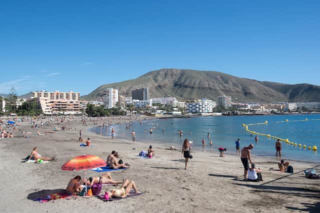 A general view of Playa de los Cristianos in Tenerife, Spain