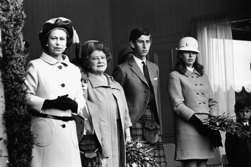 Queen Elizabeth II, Prince Andrew, the Queen Mother, Prince Charles and Princess Anne watch the annual games at the Braemar Royal Highland gathering, Scotland, on September 8, 1968.