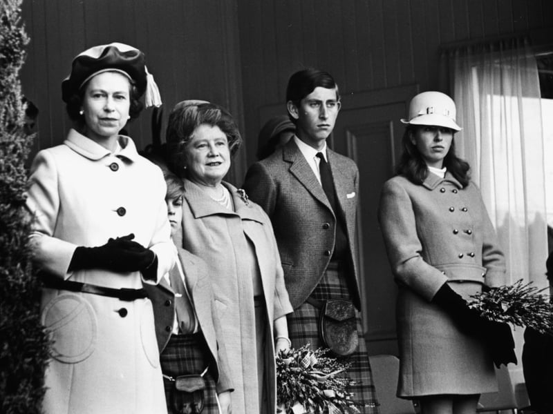 Queen Elizabeth II, Prince Andrew, the Queen Mother, Prince Charles and Princess Anne watch the annual games at the Braemar Royal Highland gathering, Scotland, on September 8, 1968.