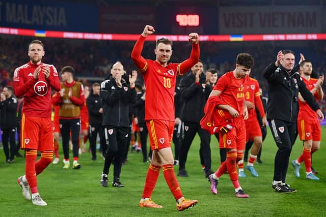 Aaron Ramsey of Wales and Rangers was celebrating  after his side's victory in the 2022 FIFA World Cup Qualifier knockout round play-off match between Wales and Austria at Cardiff City Stadium on March 24, 2022 in Cardiff, Wales. (Photo by Dan Mullan/Getty Images)