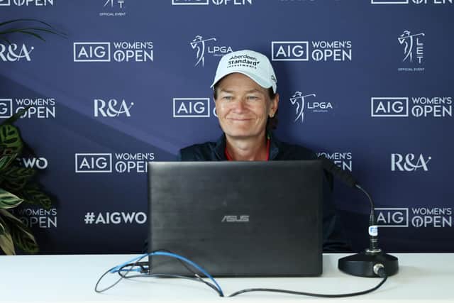 Catriona Matthew speaks in a press conference prior to the AIG Women's Open at Carnoustie Golf Links. Picture: R&A via Getty Images.