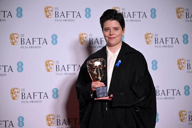 Charlotte Wells poses with the award for outstanding debut by a British writer, director or producer 'Aftersun' at the Bafta Film Awards ceremony in London (Picture Justin Tallis/AFP via Getty Images)
