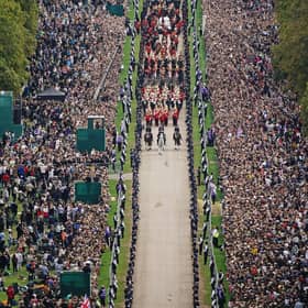 The Ceremonial Procession of the coffin of Queen Elizabeth II travels down the Long Walk as it arrives at Windsor Castle for the Committal Service at St George's Chapel. Picture date: Monday September 19, 2022.