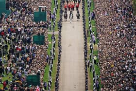 The Ceremonial Procession of the coffin of Queen Elizabeth II travels down the Long Walk as it arrives at Windsor Castle for the Committal Service at St George's Chapel. Picture date: Monday September 19, 2022.