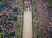 The Ceremonial Procession of the coffin of Queen Elizabeth II travels down the Long Walk as it arrives at Windsor Castle for the Committal Service at St George's Chapel. Picture date: Monday September 19, 2022.