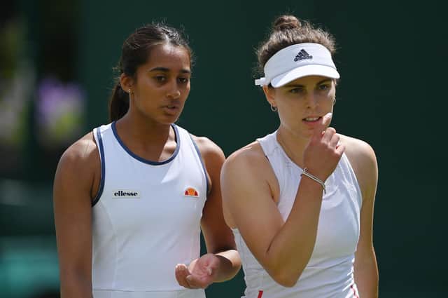 Maia Lumsden, right, with her doubles partner, Naiktha Bains. (Photo by Justin Setterfield/Getty Images)