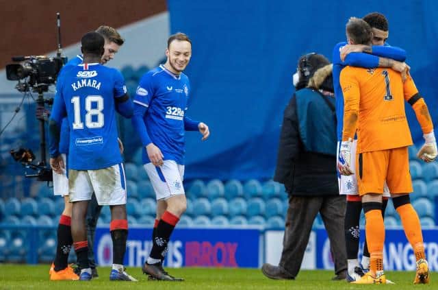 Rangers' players celebrate with Allan McGregor after winning 1-0 against Celtic (Photo by Alan Harvey / SNS Group)