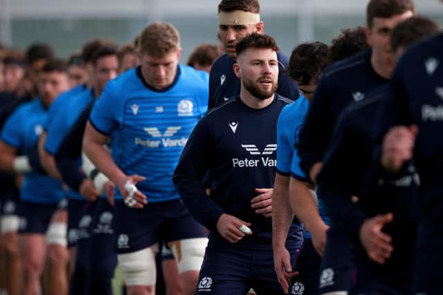 Ali Price, centre, during a Scotland training session at Oriam this week.  (Photo by Craig Williamson / SNS Group)