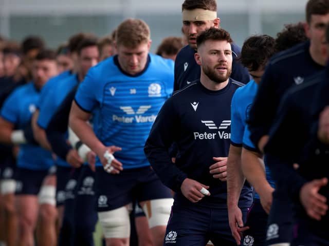 Ali Price, centre, during a Scotland training session at Oriam this week.  (Photo by Craig Williamson / SNS Group)