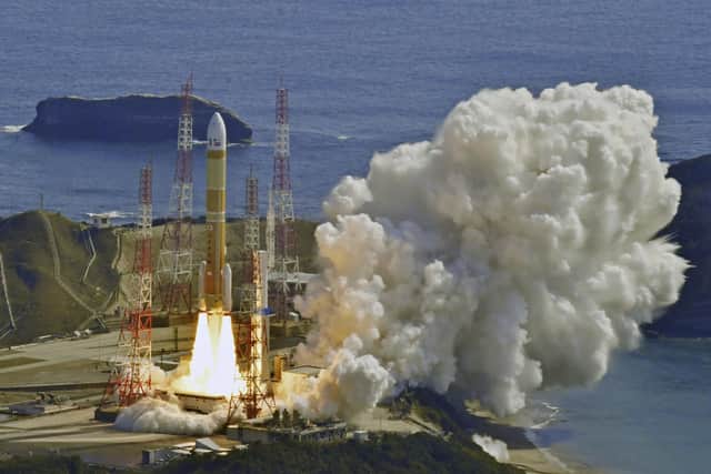 Japan's space agency intentionally destroyed the H3 rocket moments into its launch Tuesday after the ignition for the second stage of the country's first new rocket series in more than two decades failed. (Kyodo News via AP)