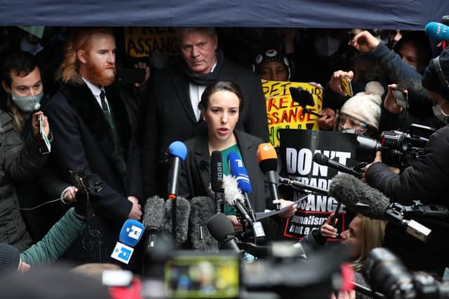 Julian Assange's partner, Stella Moris, speaks to the media outside the Old Bailey, London, following the ruling that he cannot be extradited to the United States (Picture: Yui Mok/PA)