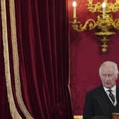 King Charles III, before Privy Council members in the Throne Room during the Accession Council at St James's Palace, London